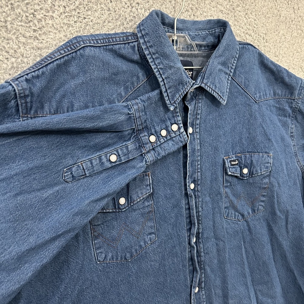 Wrangler Shirt Mens 3XL XXXL Blue Denim Pearl‎ Snap Western Cowboy Rodeo Adult
